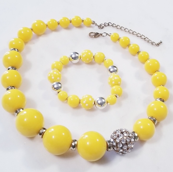 Vintage Jewelry - Beaded Yellow Rhinestone Disco Ball Necklace And Polka Dot Bracelet